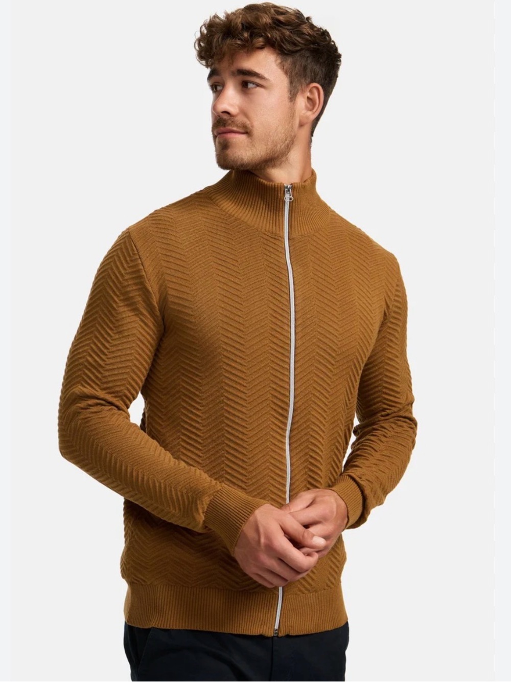 PIMLICO BLUE LONDON SW1 | Men's Full-Zip Brown Textured Knit Sweater
